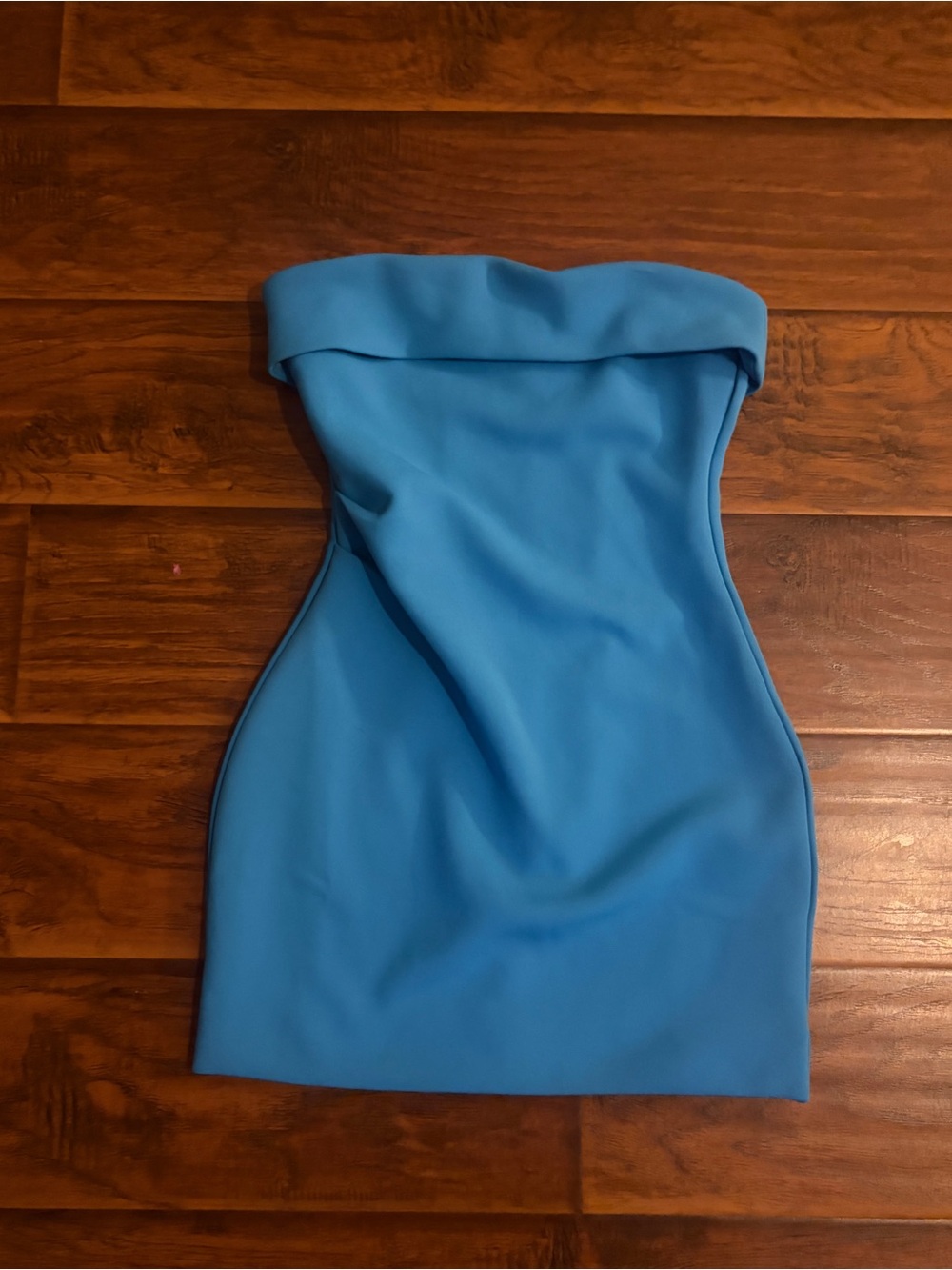 Babaton Strapless Blue Folded-Neck Tube Dress